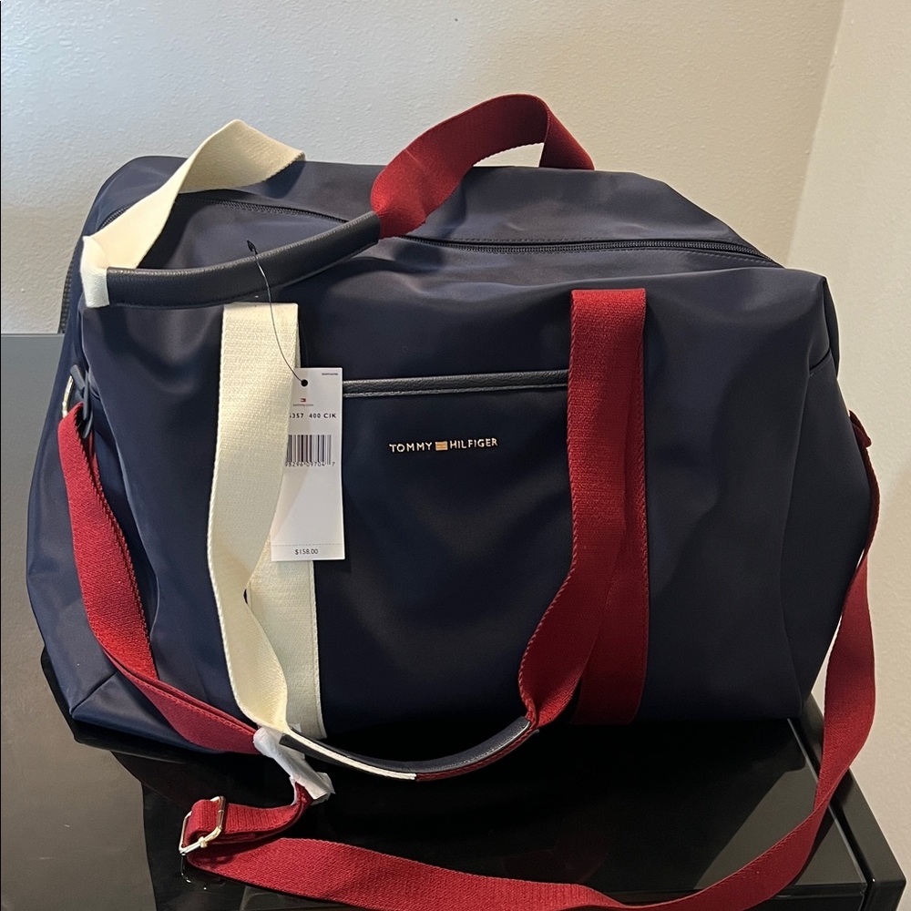 Tommy Hilfiger Men's Navy Duffel with Red and White Straps